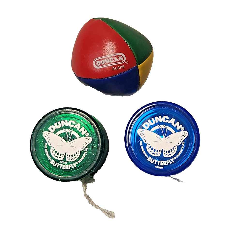 Duncan Yo-yos Toy Lot 1 Green 1 Blue Butterfly & Hacky Sack Footbag